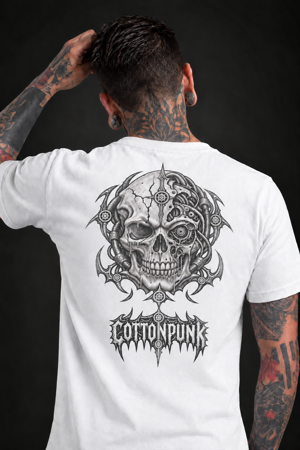 RELIC — THE AWAKENING back print with Cottonpunk text on a white tee