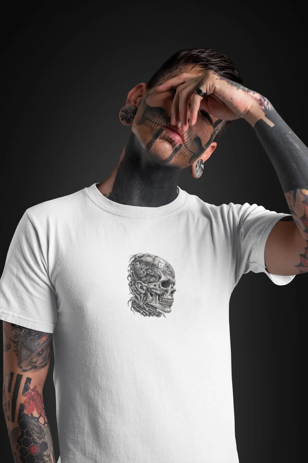 RELIC — THE AWAKENING small chest print on a white tee — front view