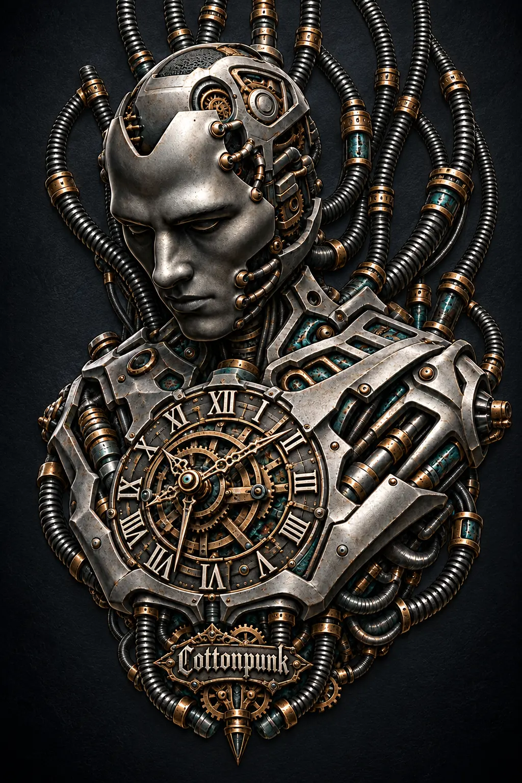 CHRONOFORGE steampunk cyborg bust on charcoal leather
