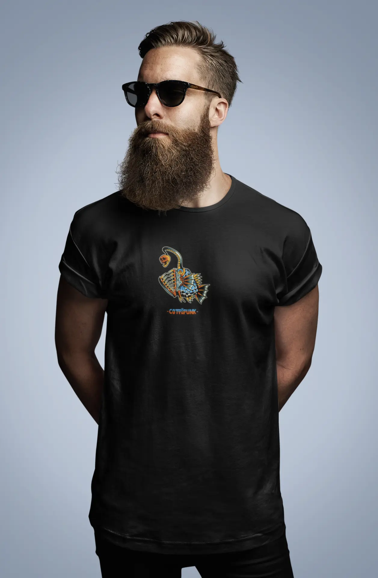 Angler front print on a black Cottonpunk t-shirt