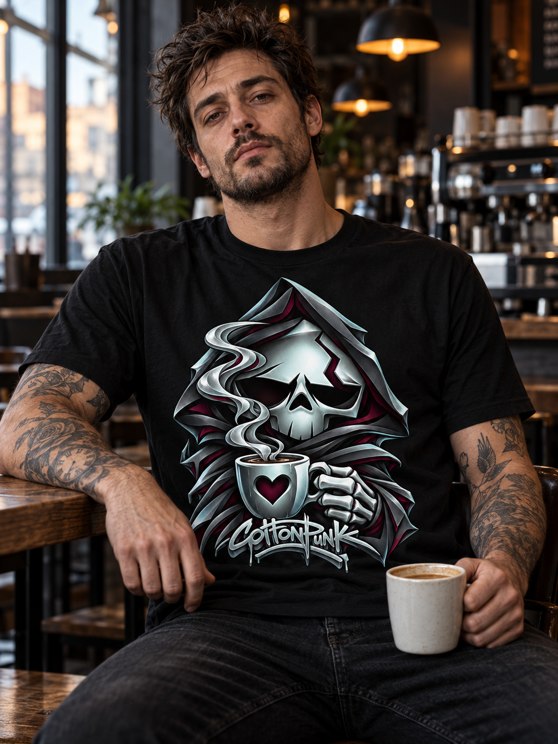 REST IN ESPRESSO front print on a black tee — worn by a model in a coffee shop