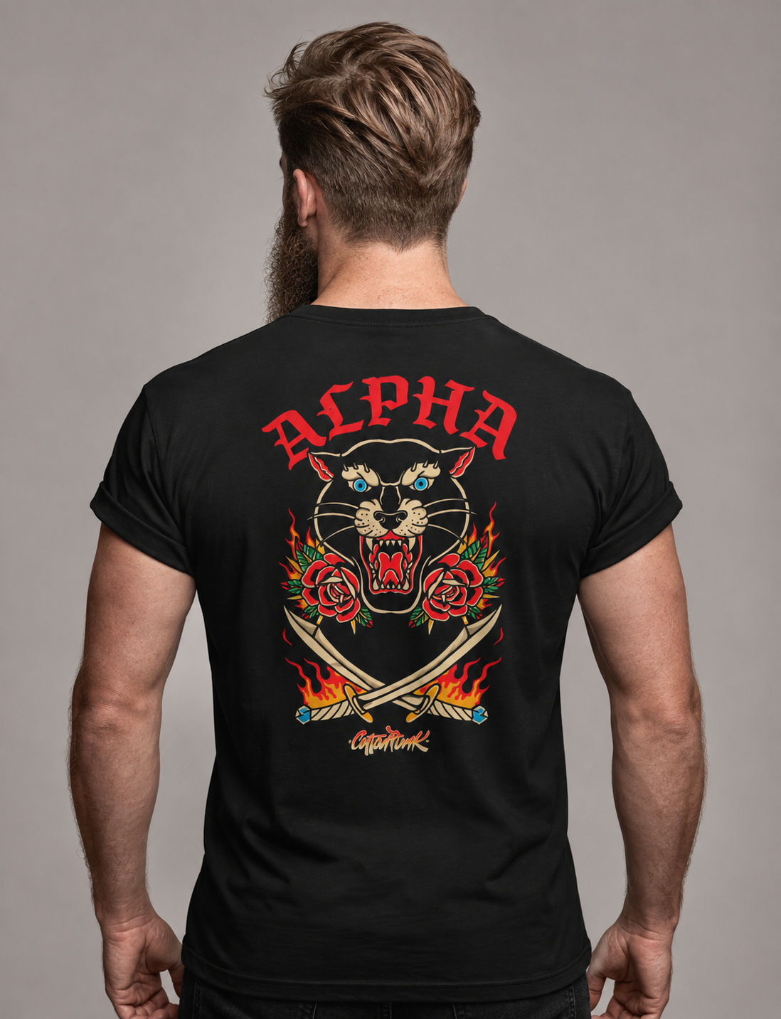 Alpha back print on a black Cottonpunk t-shirt