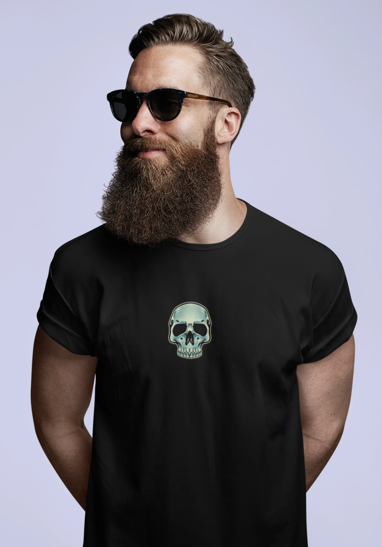 Beetlejuice skull chest print, front model