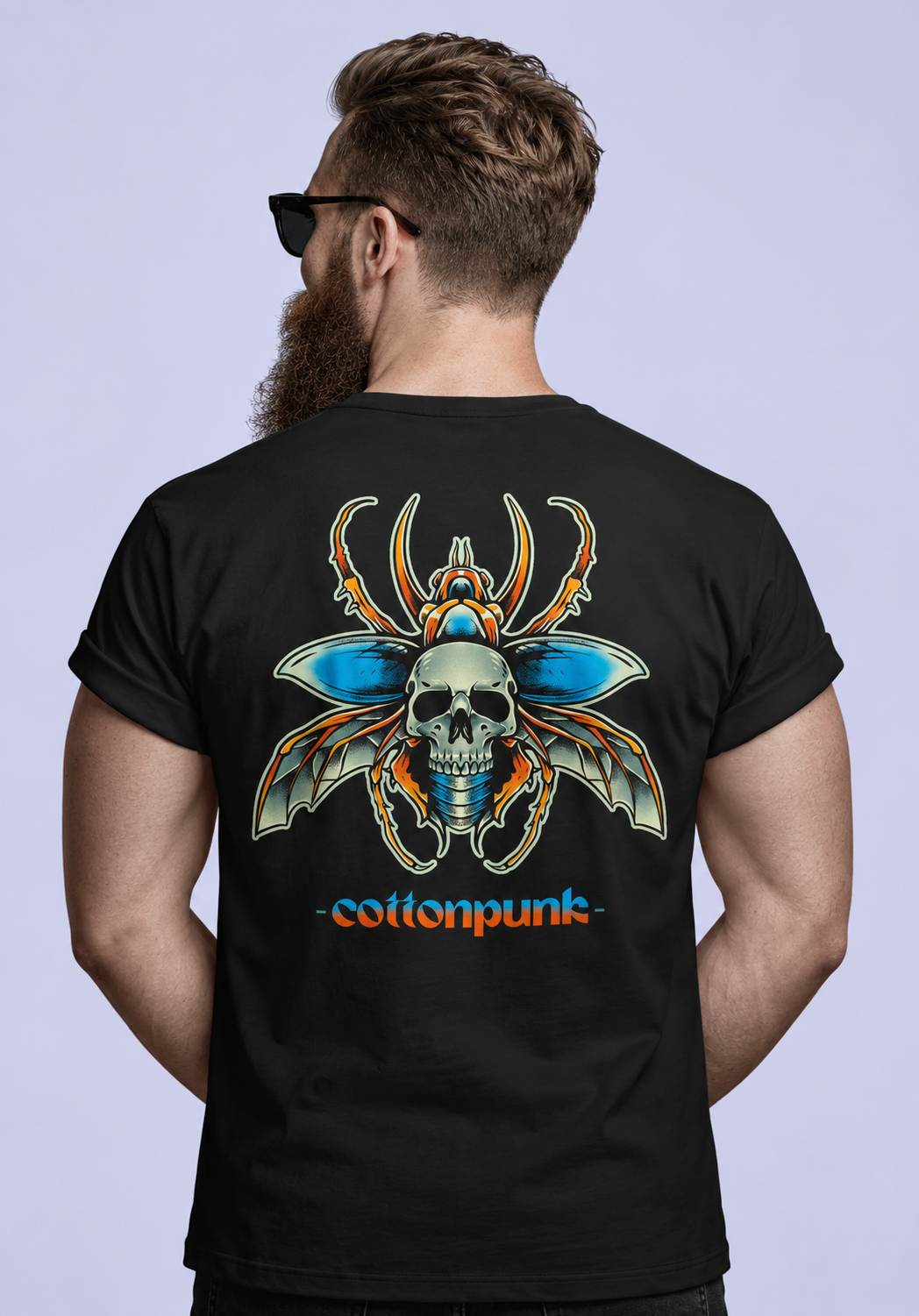 Beetlejuice beetle back print on a black Cottonpunk t-shirt