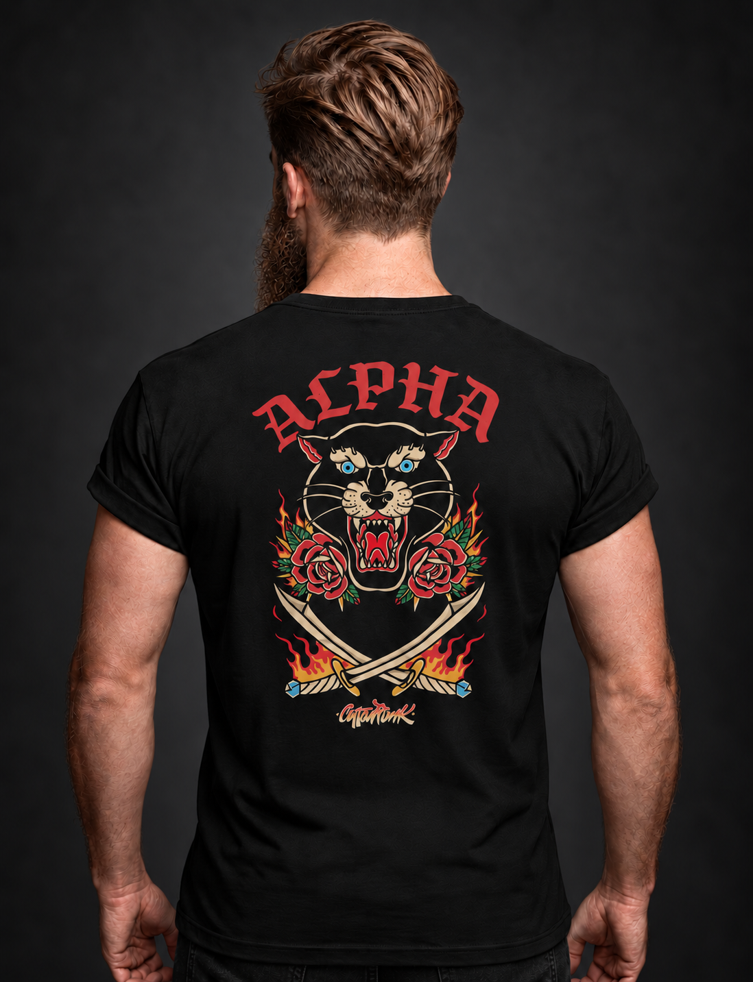 Alpha back print on a black Cottonpunk t-shirt
