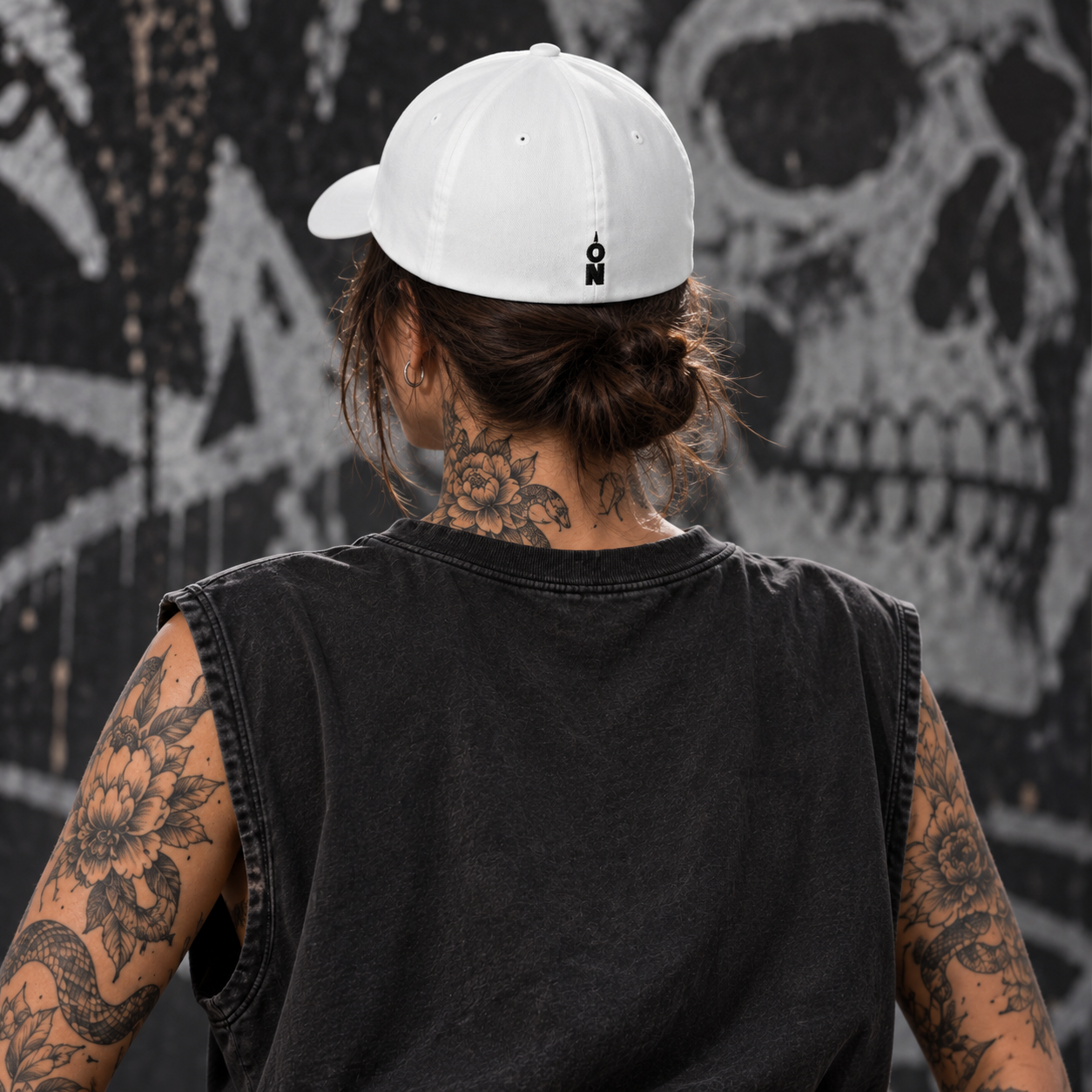 CPT Onyx Cap in white worn by a female model, back view