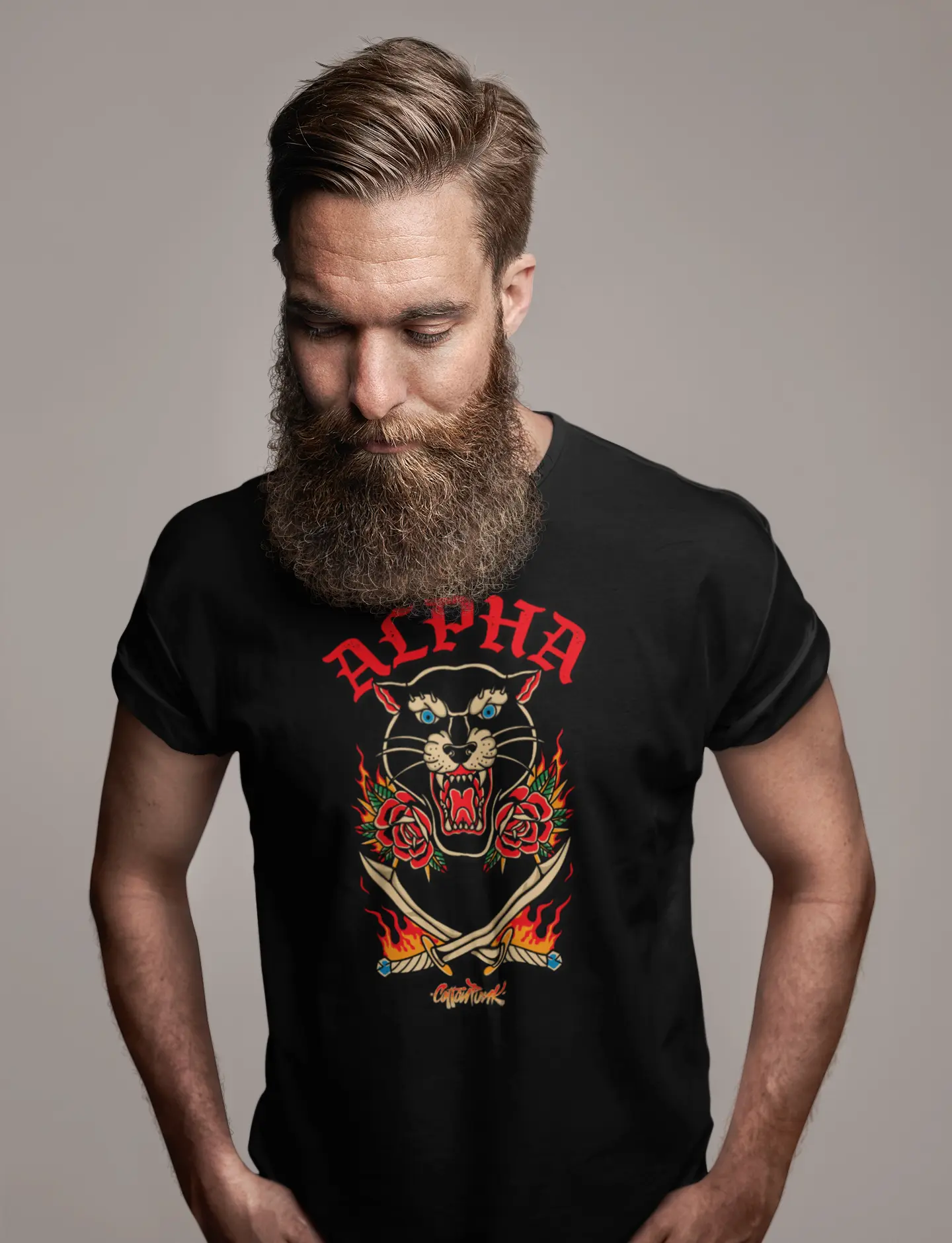 Alpha graphic on a black Cottonpunk t-shirt