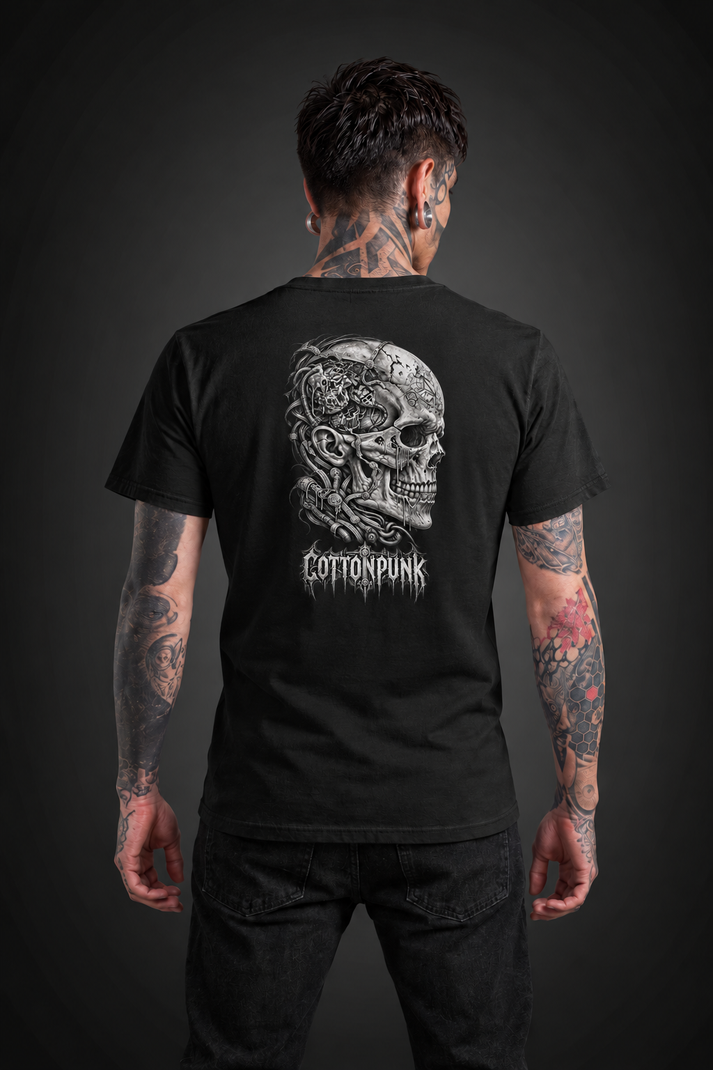 NEURAL RUIN back print with Cottonpunk text on a black tee
