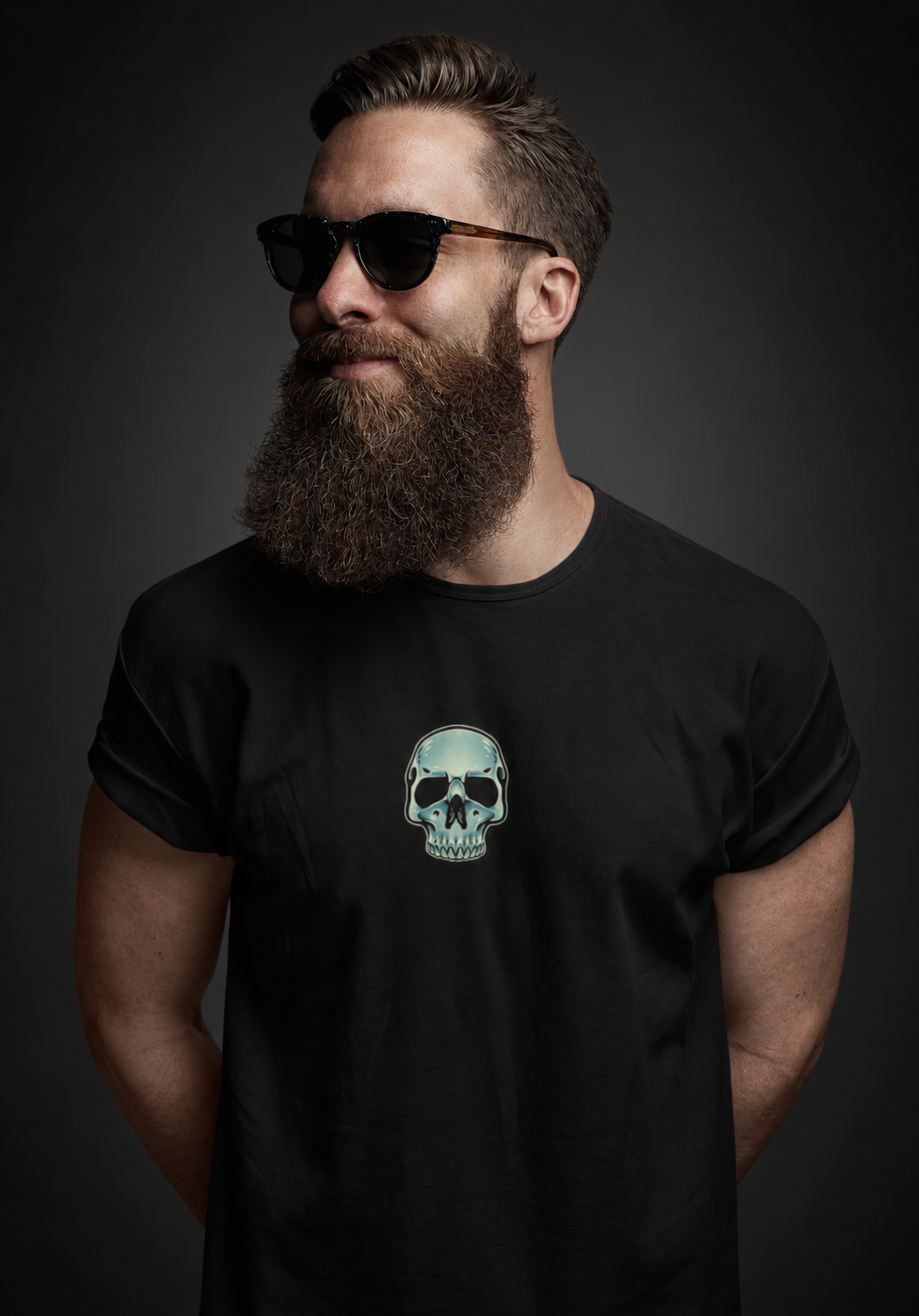 Beetlejuice skull chest print on a black Cottonpunk t-shirt