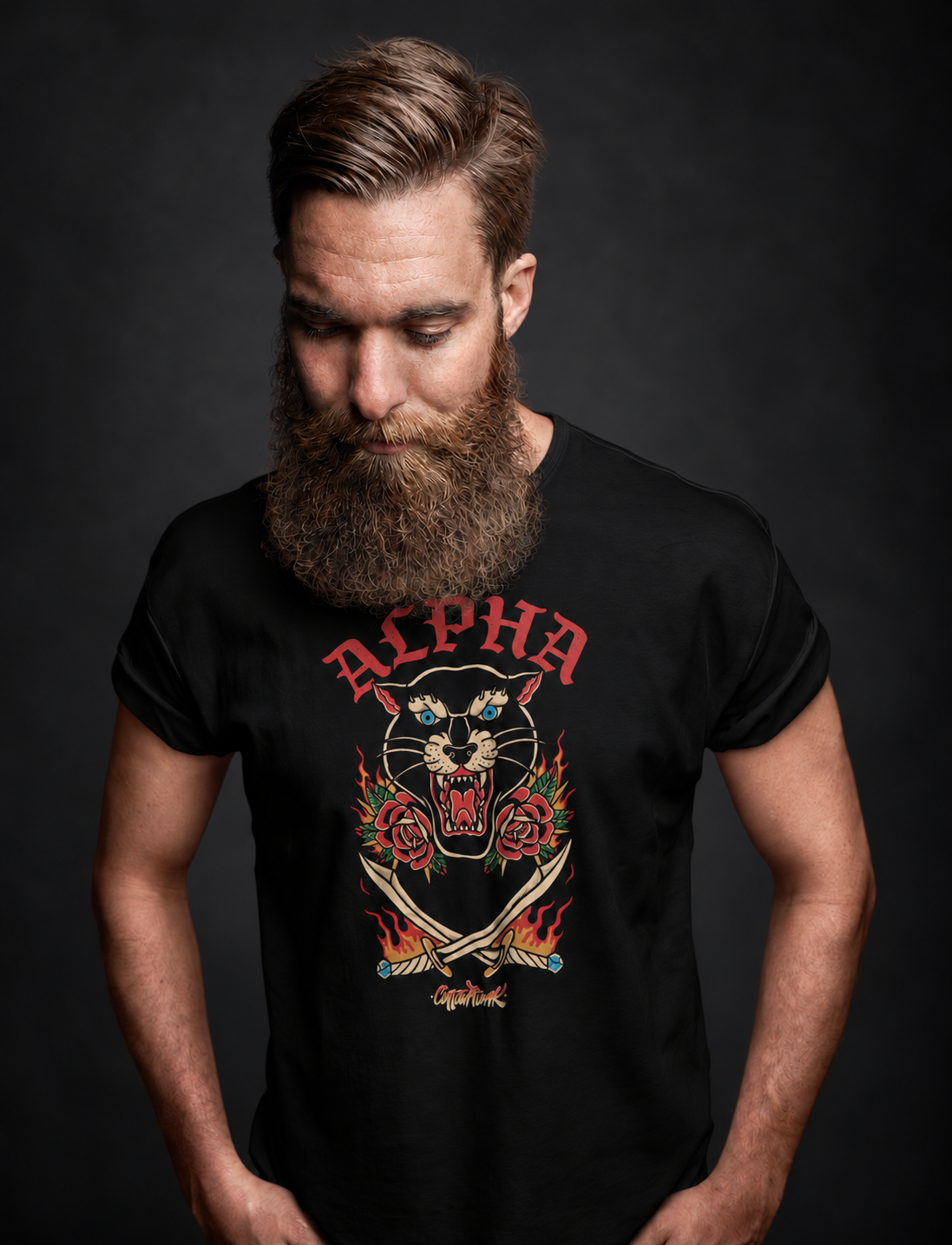 Alpha graphic on a black Cottonpunk t-shirt
