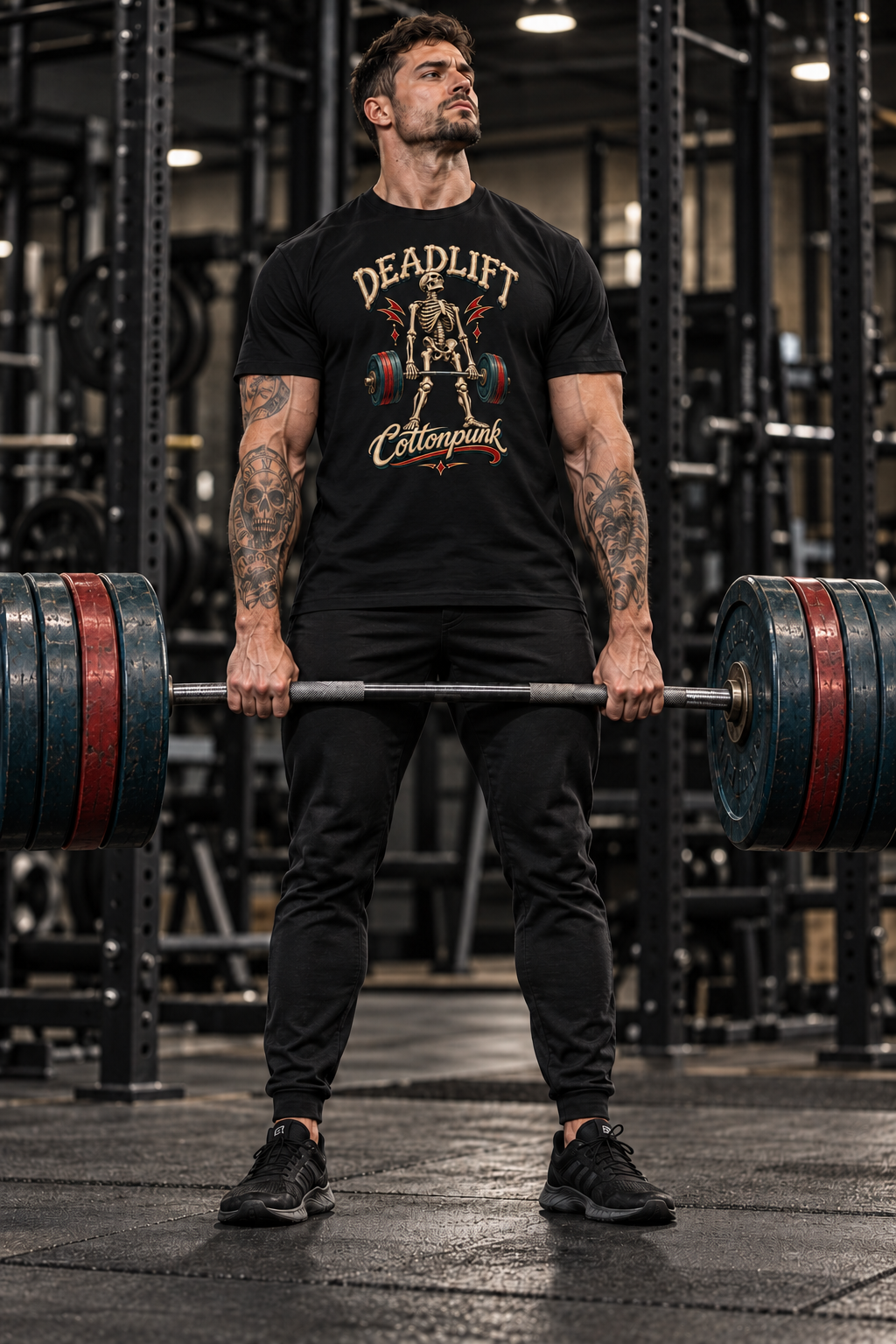 Model wearing a black DEADLIFT Cottonpunk t-shirt while lifting a barbell in the gym
