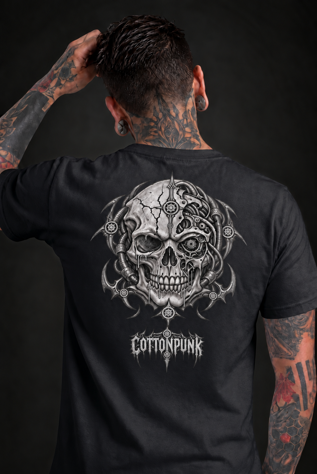 RELIC — THE AWAKENING back print with Cottonpunk text on a black tee