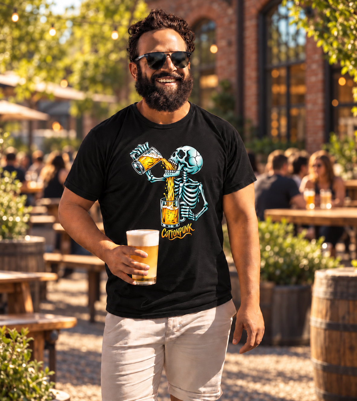 HAPPY HOUR front print on a black tee — model view