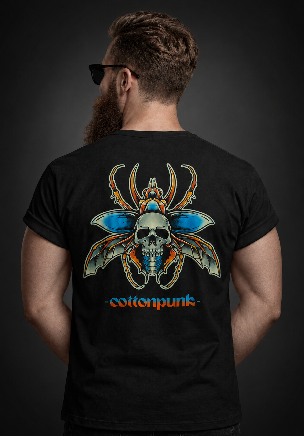 Beetlejuice beetle back print on a black Cottonpunk t-shirt
