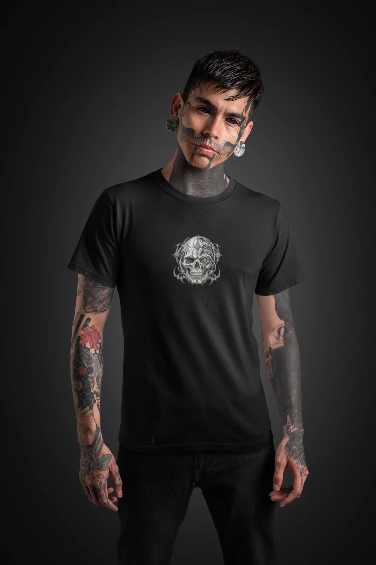 NEURAL RUIN small chest print on a black tee — front view