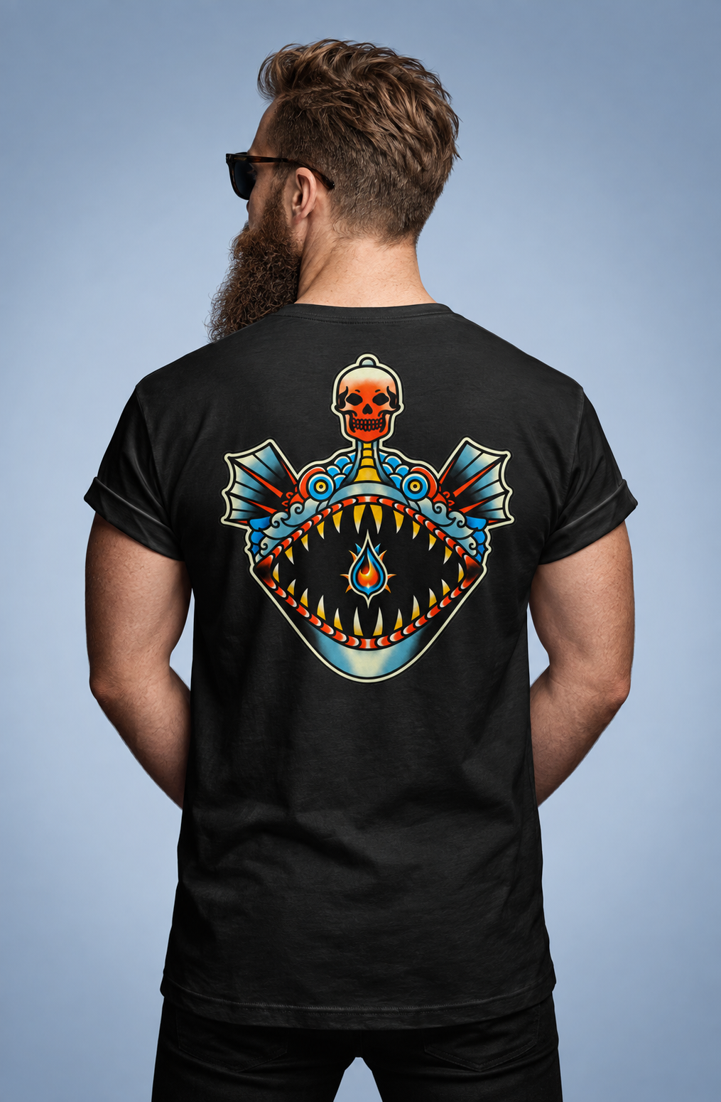 Angler back print on a black Cottonpunk t-shirt