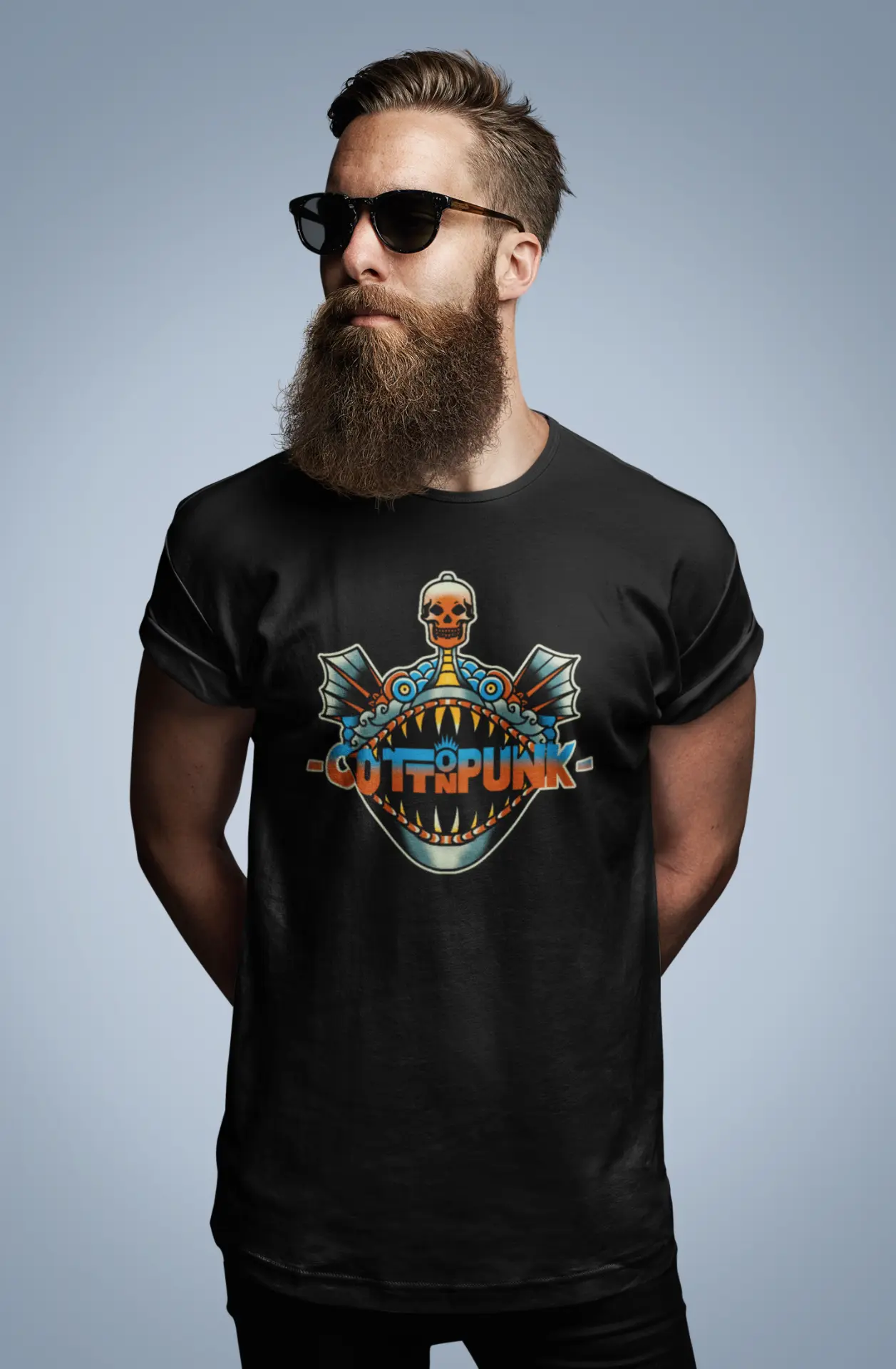 Angler main graphic on a black Cottonpunk t-shirt