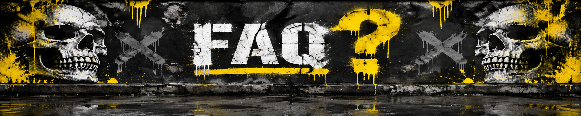 FAQ graffiti banner with skulls and a yellow question mark