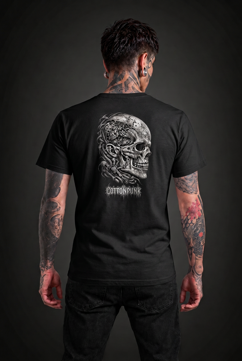 NEURAL RUIN back print with Cottonpunk text on a black tee