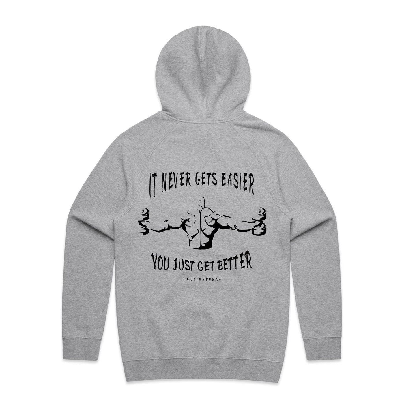 IT NEVER GETS EASIER - Mens Pocket Hoodie - BACK PRINT