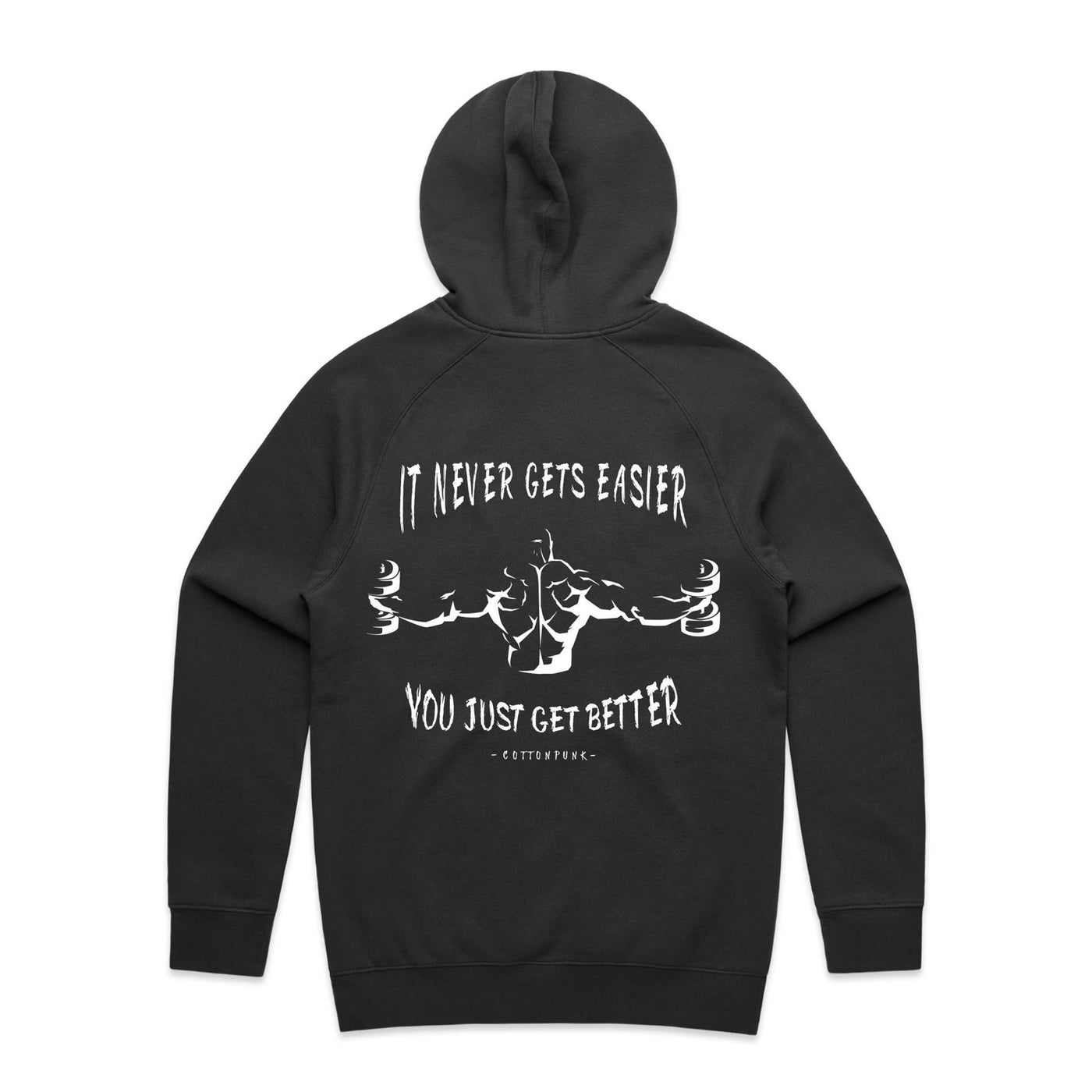 IT NEVER GETS EASIER - Mens Pocket Hoodie - BACK PRINT