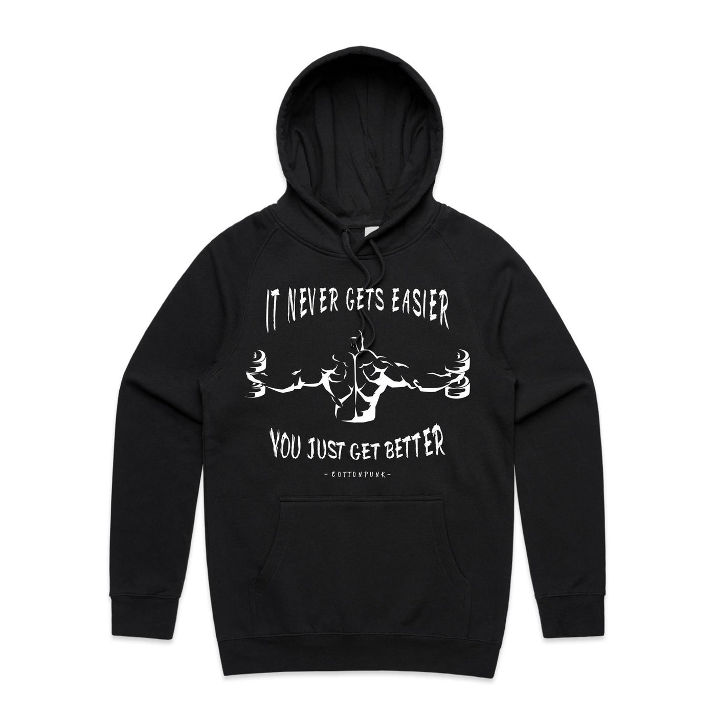 IT NEVER GETS EASIER - Mens Pocket Hoodie - FRONT PRINT