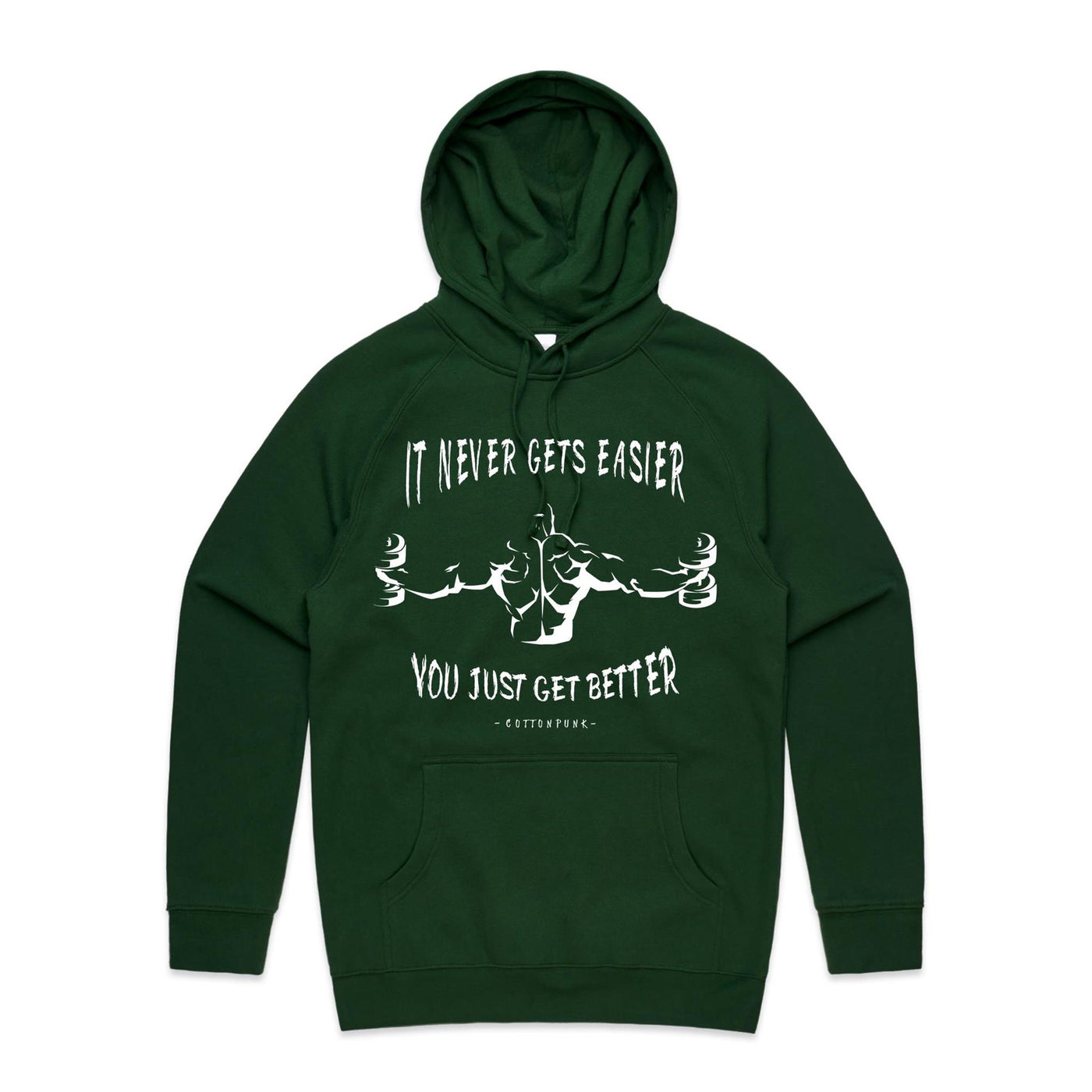 IT NEVER GETS EASIER - Mens Pocket Hoodie - FRONT PRINT