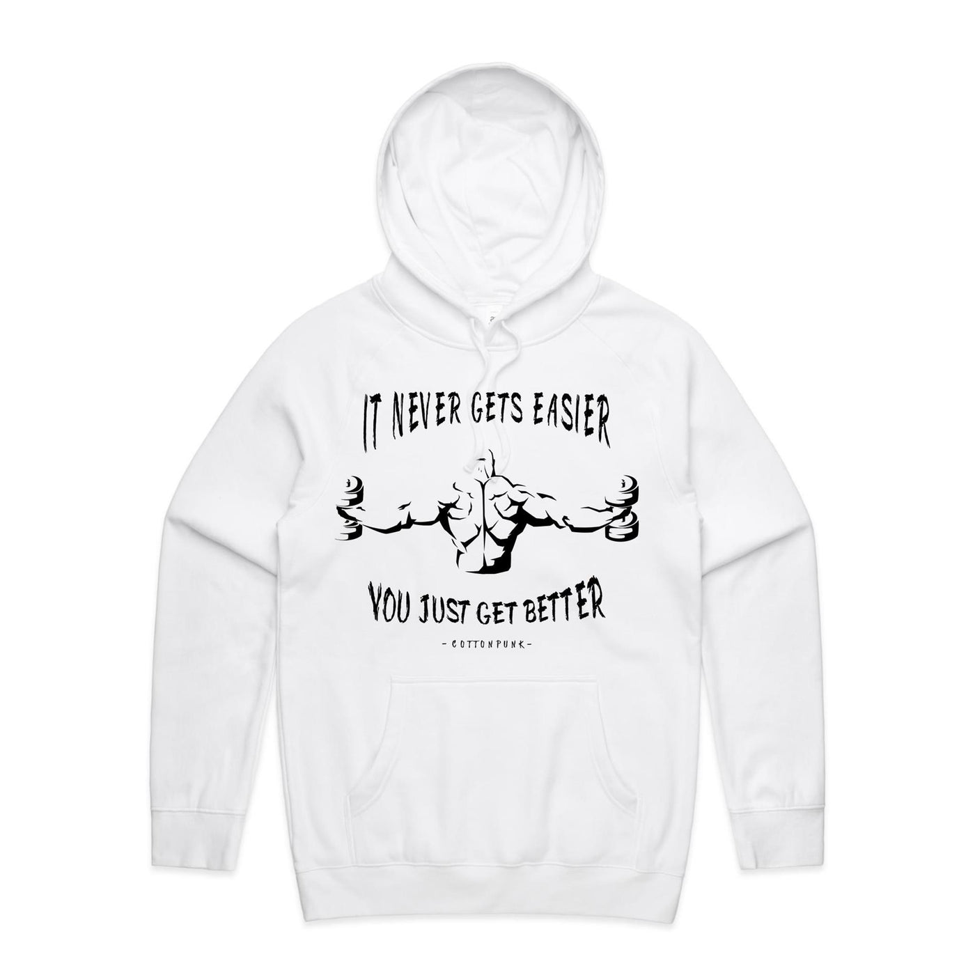 IT NEVER GETS EASIER - Mens Pocket Hoodie - FRONT PRINT