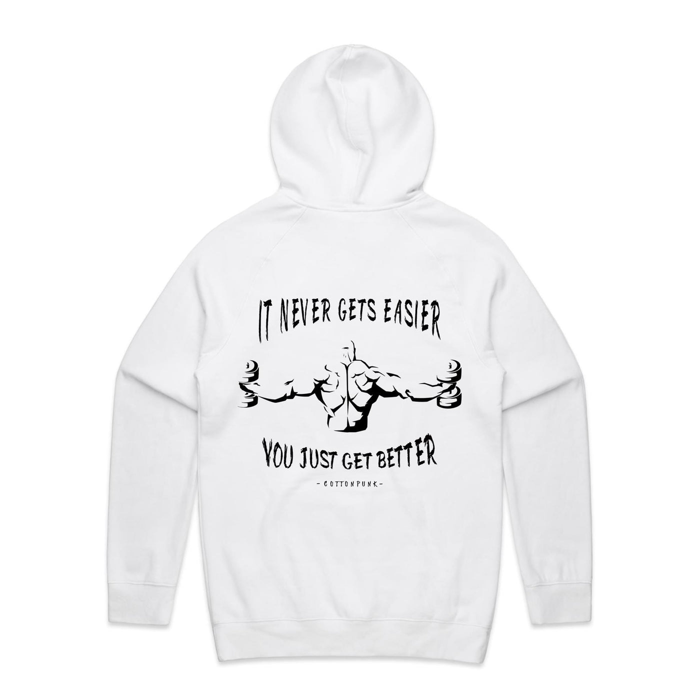 IT NEVER GETS EASIER - Mens Pocket Hoodie - BACK PRINT