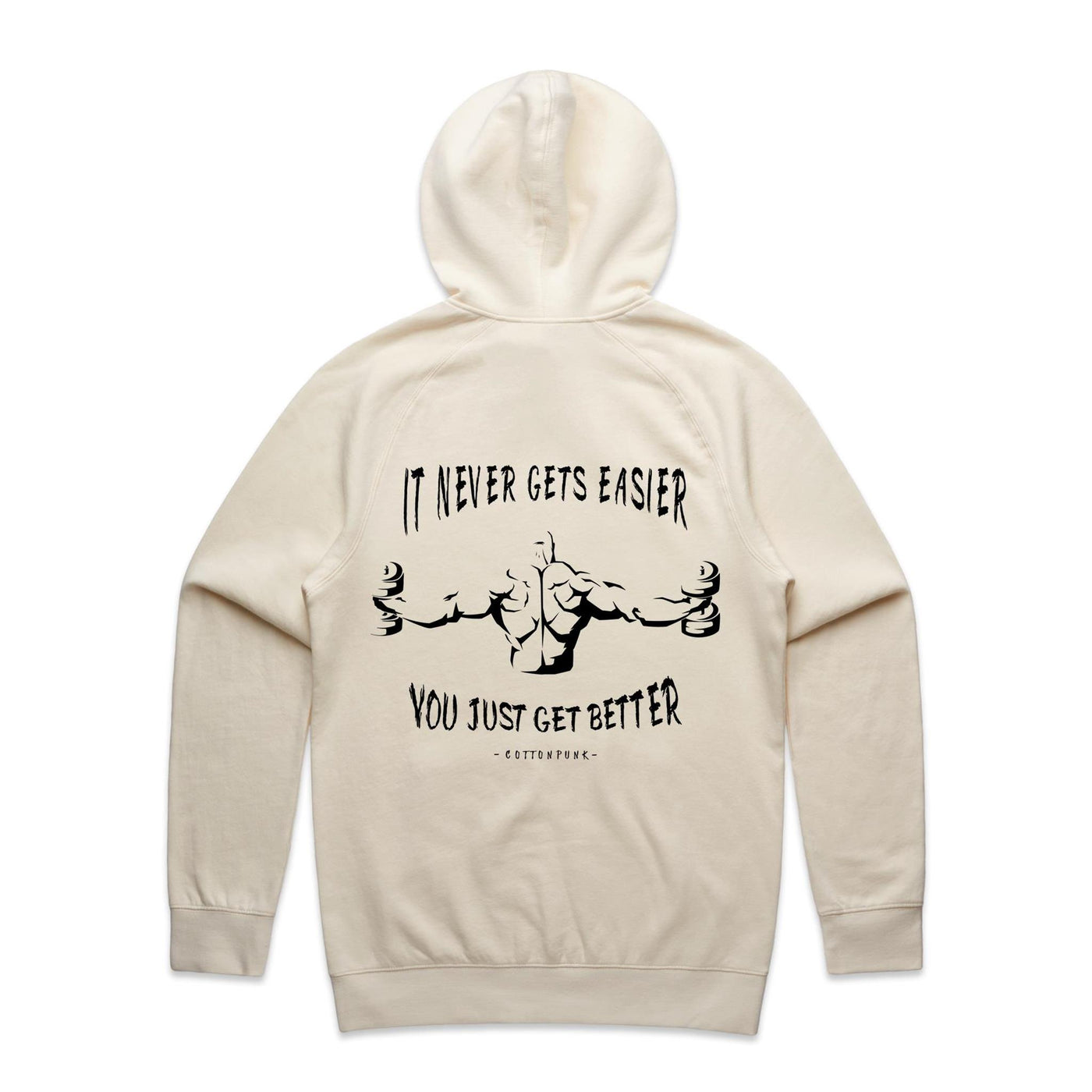 IT NEVER GETS EASIER - Mens Pocket Hoodie - BACK PRINT