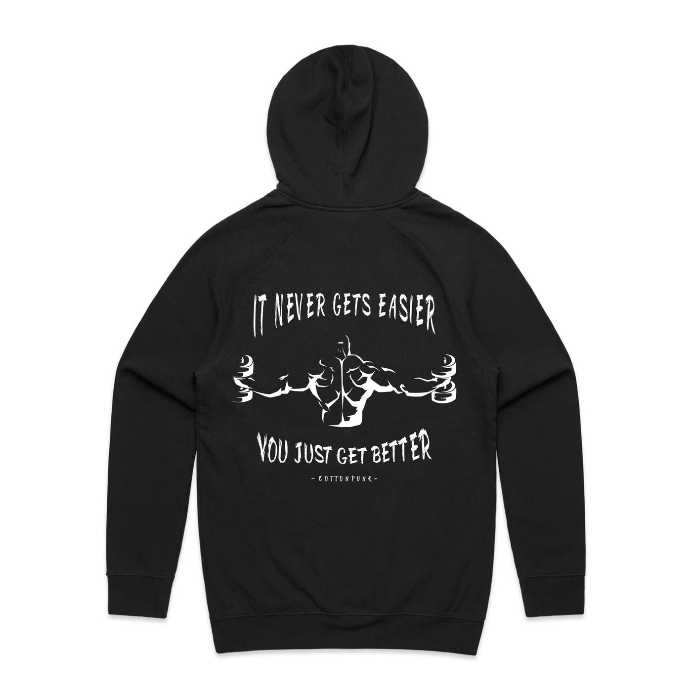 IT NEVER GETS EASIER - Mens Pocket Hoodie - BACK PRINT