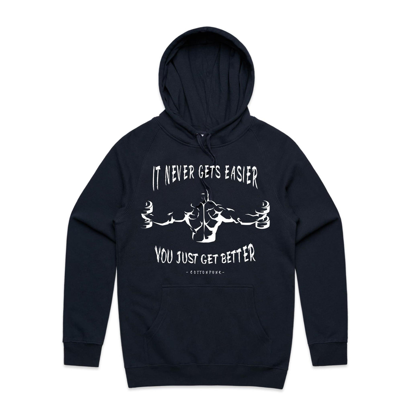 IT NEVER GETS EASIER - Mens Pocket Hoodie - FRONT PRINT