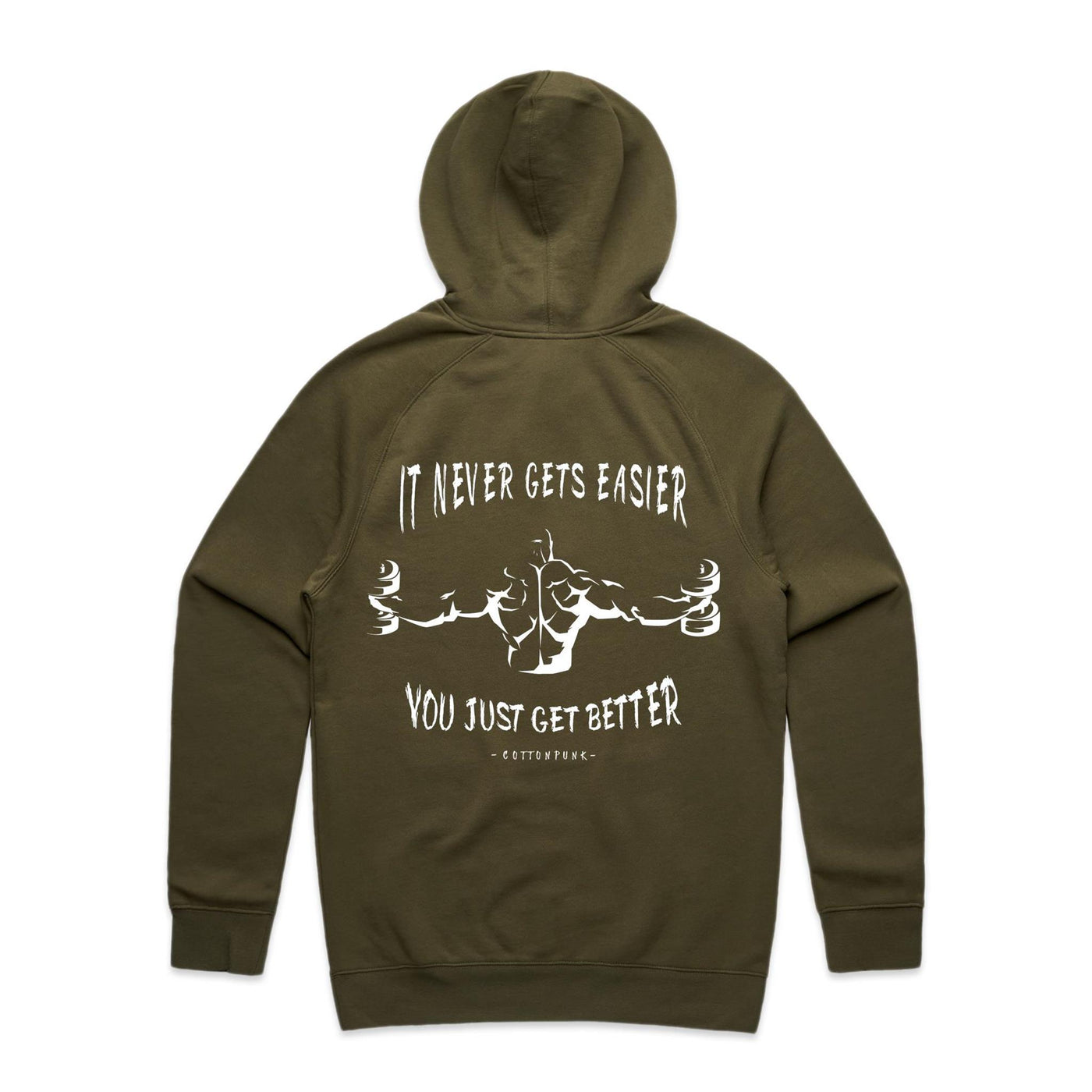 IT NEVER GETS EASIER - Mens Pocket Hoodie - BACK PRINT